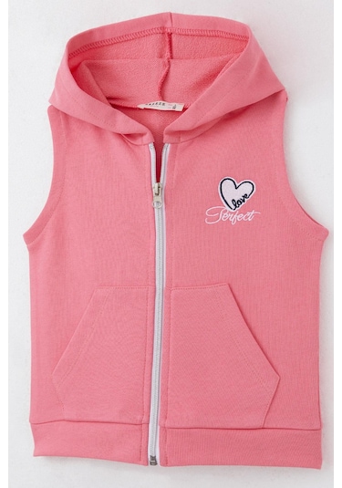 Breeze Kız Çocuk Yelek Kalp & Yazı Nakışlı Fermuarlı 3-8 Yaş, Pembe Pembe
