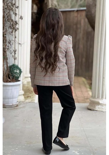 Riccotarz Kız Çocuk Yakası Açık Ve Taş Detaylı Bluz Ekose Çizgi Blazer Ceket Kemerli Siyah Alt Üst Takım Siyah