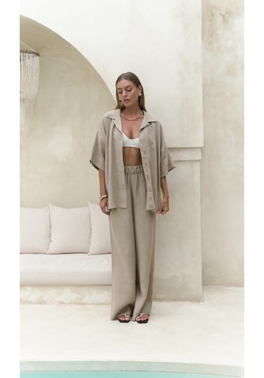 Baron Bej Keten Gömlek Pantolon Takım Bej