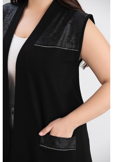 Wearon Kadın Ajda 2 İp Kristal Süs Deri Ve Taşlı Cepli Siyah Yelek Siyah