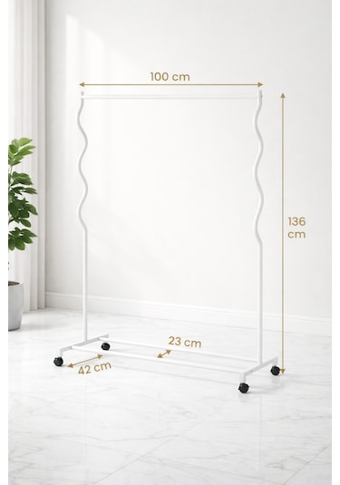 Modern Lüks Desenli Metal Tekerlekli Konfeksiyon Askılığı Kıyafet Askısı Stand Beyaz