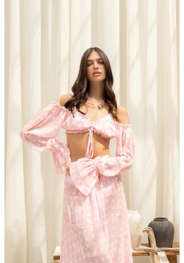 Mai Collection Samos Puantiyeli Pembe Crop Etek Takım