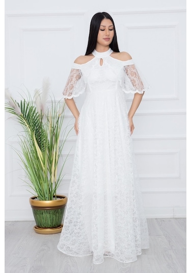 Kalopya Omuz Detay Uzun Dantel Abiye Elbise 13328 Ekru