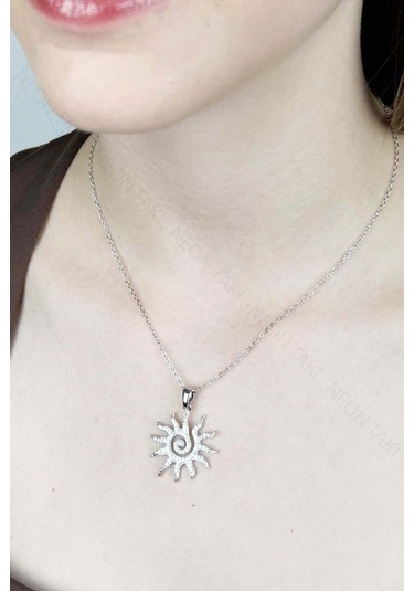 Zirkon Taşlı, Güneş Figürlü Paslanmaz Çelik Kolye 414, Gümüş Renk Gümüş