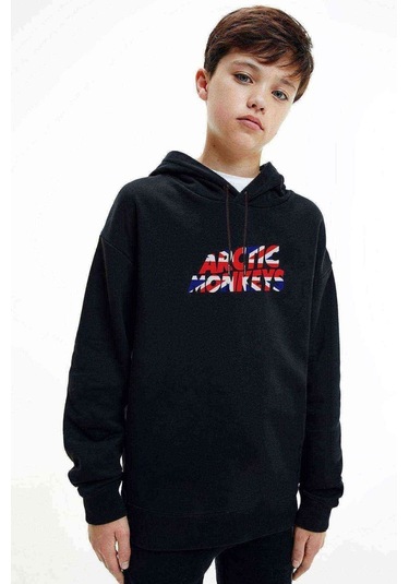 Arctic Monkeys Baskılı Unisex Çocuk Kapüşonlu Siyah Sweatshirt (534658063)