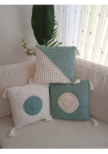 El Örgüsü 3 Adet Kırlent Yastık Kılıfı Koton Pamuk Ip 38 40cm