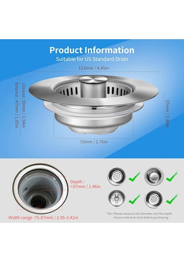 Mutfak Lavabo Tahliye Süzgeç Paslanmaz Çelik Pop Up Lavabo Tıpa Diğer