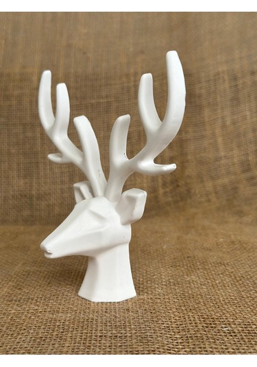 Geyik Heykeli, Büst, Beyaz Renkli El Yapımı Dekoratif Obje, Ev Dekoru