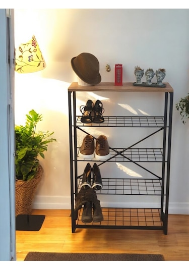 5 Metal Raflı Ahşap Tablalı Dresuar Salon Sehpa Ve Ayakkabılık Siyah