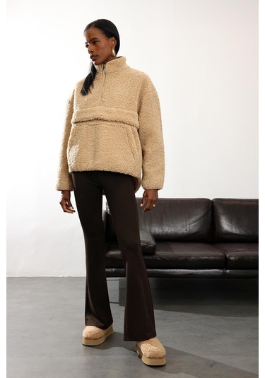 Camel Dik Yaka Peluş Mont Camel