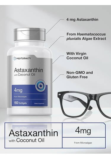 Horbäach Astaxanthin With Coconut Oil Skin Eyes Heart Support 4mg 150 Softgels Aromasız