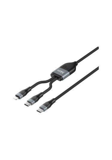 Duo Power 100W Çift Uçlu Type-C To Lightning + Type-C Şarj Kablosu Örgü Tasarım 1.2 Metre Siyah