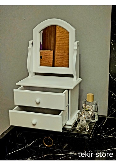 Ahşap Hareketli Aynalı Beyaz Lake Takı Ve Makyaj Organizeri