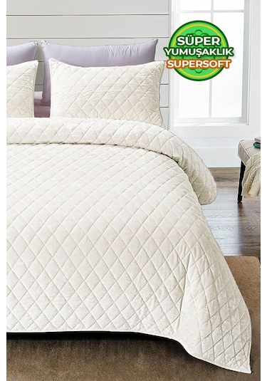 Evlen Home Kapitone Kadife Yatak Örtüsü Seti Tek Kişilik Supersoft 2 Parça Yumuşak Elyaf Dolgulu Krem Krem