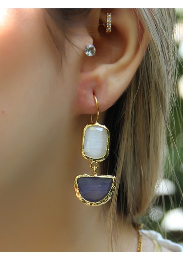 İkili Model Kedigözü Cam Sallantılı Kadın Küpe Euku26l Lacivert