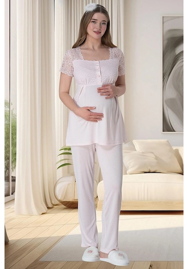 Mecit Pijama Mecit 6010 Pembe Dantelli Hamile Lohusa Pijama Takımı