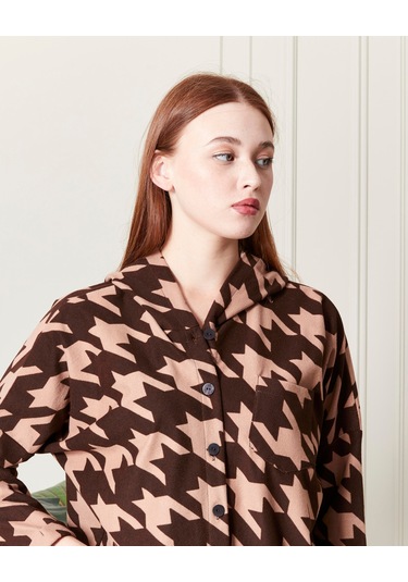 Bw Best Woman Kapüşonlu Oversıze Pera Gömlek-kahverengi Desenli Kahverengi