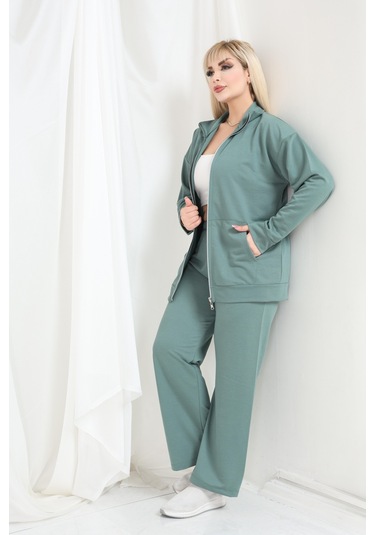 Kadın Büyük Beden Fermuarlı Uzun Kollu Rahat Günlük Eşofman Takım Çağla