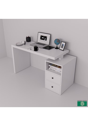 Çalışma Masası Çekmeceli Ve Raflı Geniş Çalışma Alanına Sahip Beyaz