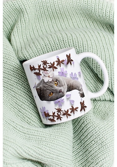 Sevimli Kedi Baskılı Kupa Bardak Porselen Çay Kahve Fincanı