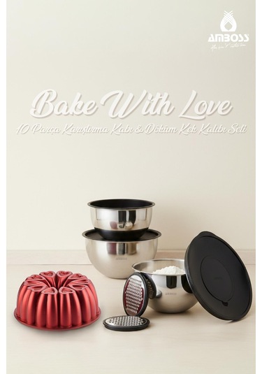 Bake With Love 10 Parça Karıştırma Kabı & Döküm Kek Kalıbı - Kırmızı Kırmızı