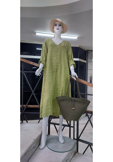 İtalyan V Yaka Uzun Kol Keten Elbise-8907 Fıstık Yeşili