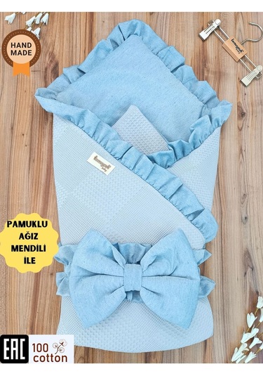 Pike Bebek Battaniyesi Kundağı %100 Pamuklu Çıkarılabilen İç Elyaf Yenidoğan Hastane Çıkışı Mavi