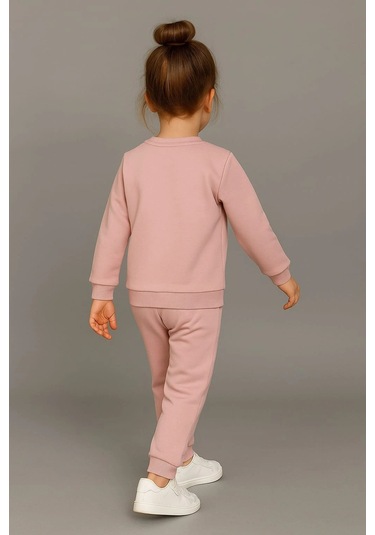 Sevimli Ayıcık Nakışlı %100 Pamuk 2 Li Çocuk Eşofman Takımı Gül Kurusu