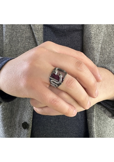 925 Ayar Gümüş Yılan Tasarım Ametist Taşlı Erkek Yüzük Gümüş