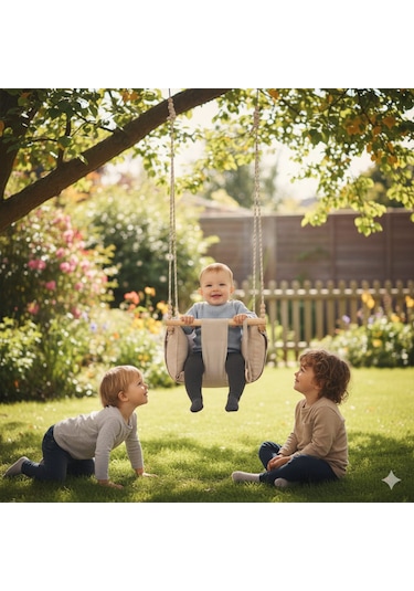 Ahşap Çocuk & Bebek Salıncağı Krem Rengi Minder Yastık Ve Diş Halkalı Tavan Salıncak