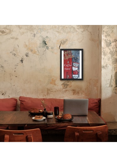 Vintage Ahşap Efektli Coffee Time Tabela Tablo Rustik Kırmızı Kahve Fincanları Poster