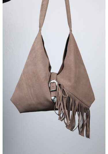 Rosalın Kum Hakiki Deri Süet Püsküllü Kadın Omuz Çantası Kum Beji