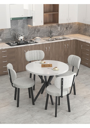 Mygusi Azra Mutfak Masa Takımı 90 Cm Masa Beyaz Masa + 4 Sandalye Açıkgri