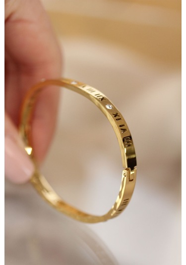 Zarif Bilekler İçin Roma Rakamlı Golden Çelik Bilezik Kelepçe Bileklik Gri