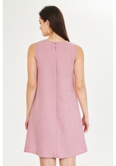 Gül Kurusu Keten Karisimli Yazlık Sifir Kollu Çan Elbise Açık Pembe