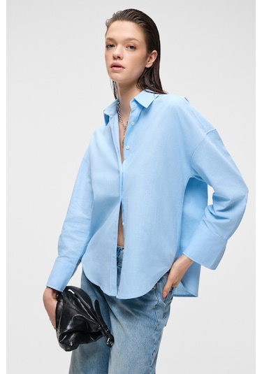 VESTA Kadın %100 Pamuk Keten Görünümlü Flamlı Oversize Mavi Gömlek