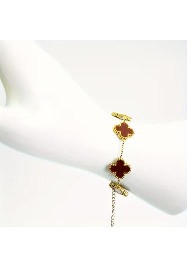 Çelik Bileklik Dört Yapraklı Küçük Yonca Bordo Sedef Taşlı Uzunluk 18 Cm Gold Altın - Gold