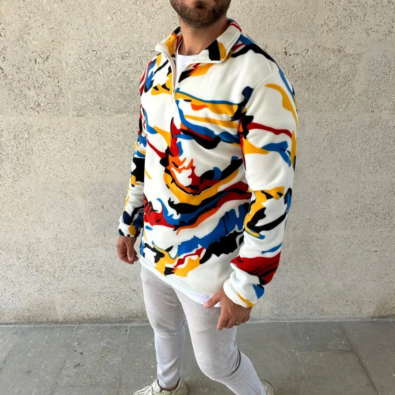 Erkek Yarım Fermuarlı Desenli Polar Sweat Renkli Abstract Desen Yakalı, Uzun Kollu, Oversize Rahat Beyaz