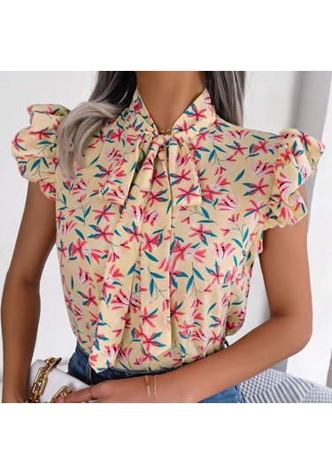 Gmxıa Kadın Modası Rahat Yaz Çiçek Desenli Kolsuz V Yaka Bluzlar Ve Ahşap Kulak Kenarlı Fiyonklu Şifon Gömlekler Kayısı Açık Bej