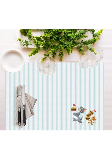 Adawall Home Tom And Jerry Striped Kumaş Amerikan Servis 4'lü Set Beyaz - Mavi