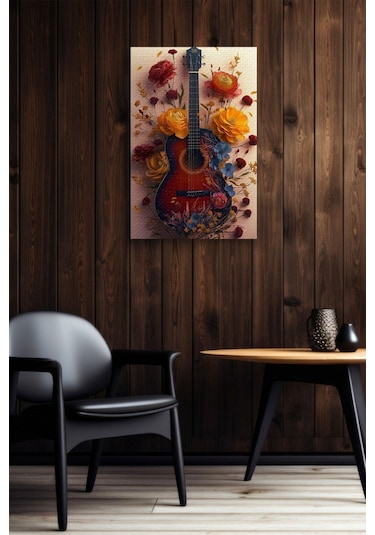 Etrafı Çiçek Kaplı Gitar Yağlı Kanvas Tablo