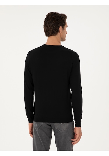 Cacharel Siyah Slim Fit Yün Karışımlı Bisiklet Yaka Basic Triko Kazak