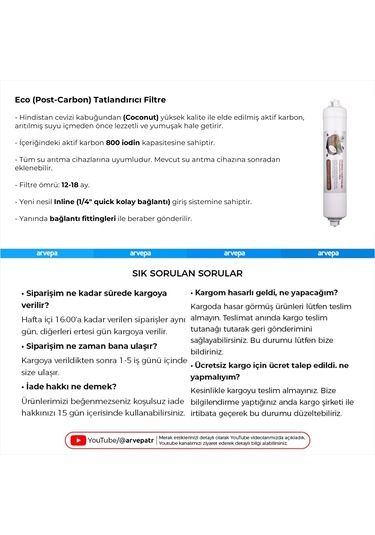 Su Arıtma Cihazı Coconut Eco Post Carbon Tatlandırıcı Filtre 10 A