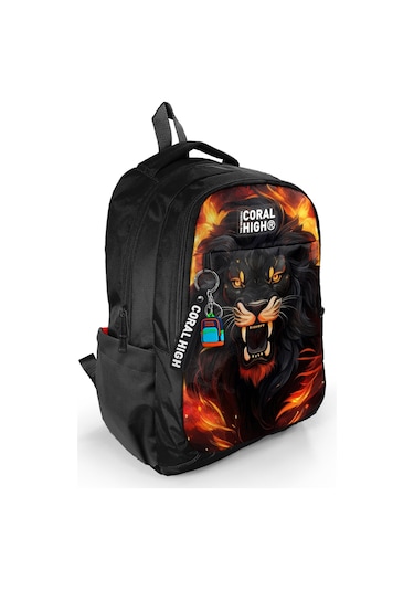 Coral High Kids Siyah Aslan Desenli Üç Bölmeli Okul Sırt Çantası 23671 Siyah