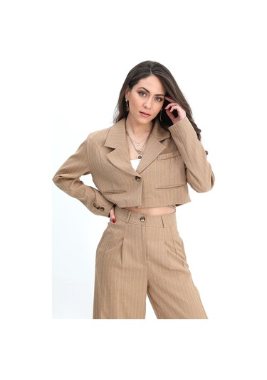 Ceket Kısa Vatkalı Fleto Cepli Çizgili - Camel-camel Camel