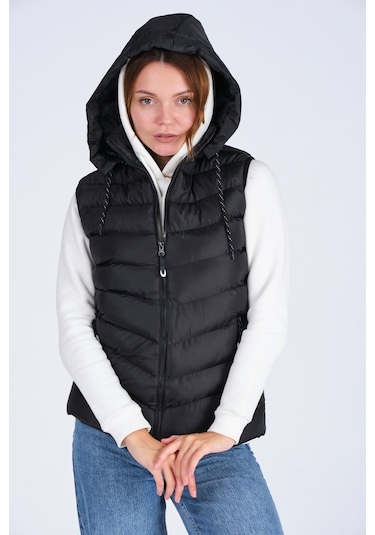 Everest Kadın Jel Dolgu Kapüşonlu Unısex Şişme Yelek Siyah