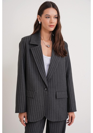 4753 Kadın Çizgili Oversize Blazer Ceket Antrasit Antrasit