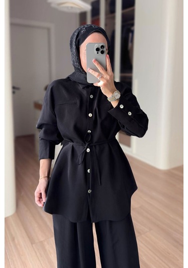 Ka Hijab Bağcıklı Bluz Pantolon Takım - Siyah