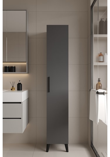 Mundo Tek Kapılı Banyo Dolabı Çok Amaçlı Dolap - Antrasit Antrasit