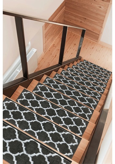 Dikdörtgen Dokuma Merdiven Halısı Kendinden Yapışkanlı Antrasit Beyaz